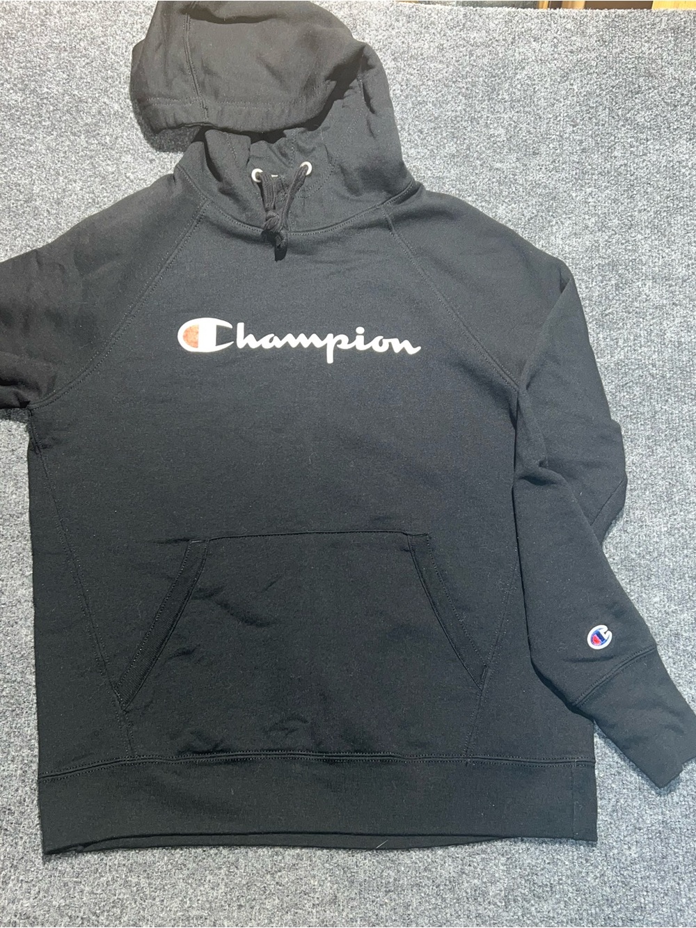 Champion Black Pullover Hoodie with White Script Logo